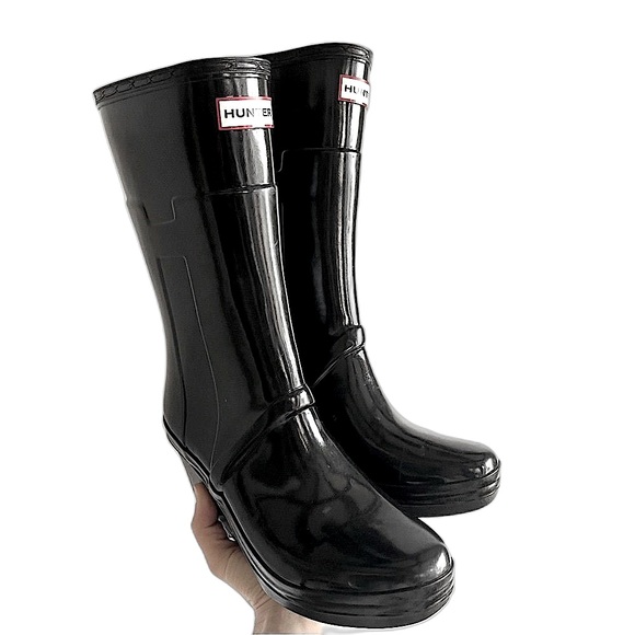 Hunter Wedge Heeled Black 'Kellan' Rainboots Size